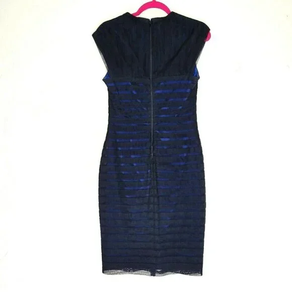 Adrianna Papell Cocktail Dress Size 6 Blue Lining Black Overlay Mesh Tiered - Picture 3 of 9